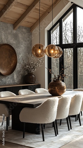 Modern Dining Room Photo With Amber Pendant Lights And Textured Shearling Chairs