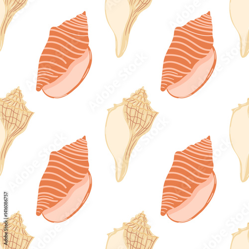 Colorful collection of seashells displayed in a seamless pattern on a white background
