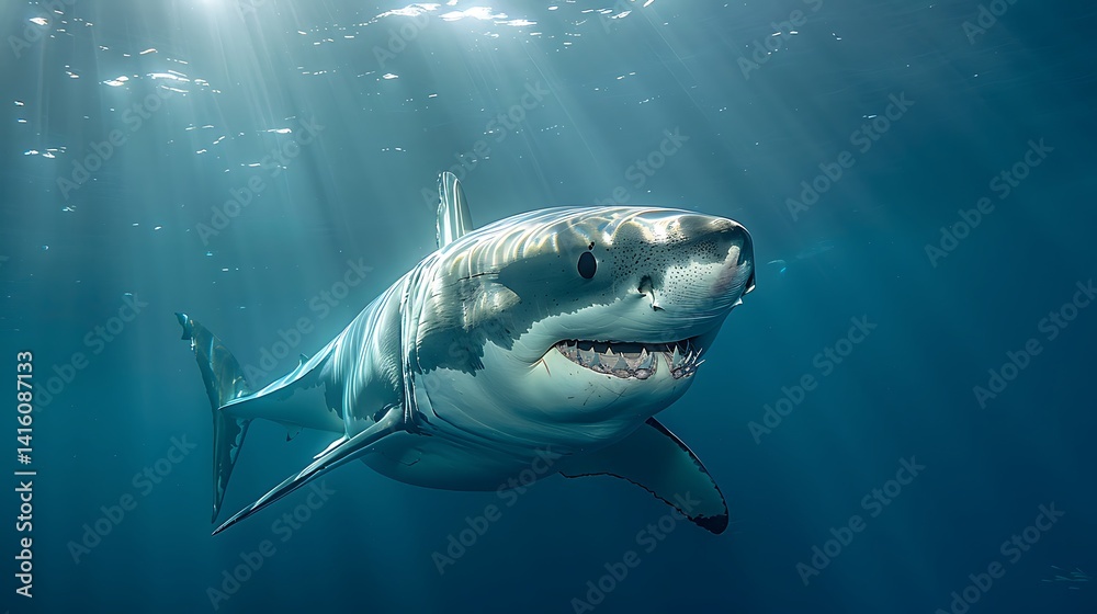 Fototapeta premium Great White Shark Emerging Slowly From The Deep, Beams Of Light Above, Full Cinematic Power And Silent Fear