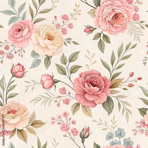 Wallpaper Mural "Seamless vintage floral pattern with roses, peonies, and delicate leaves in faded pastel tones"
 Torontodigital.ca