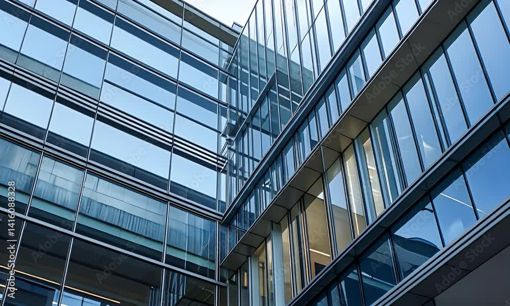 Glass building reflects sky, creating a modern geometric pattern and airy architectural design, with sleek details and light Glass building reflects sky, creating a modern geometric pattern and airy architectural design, with sleek details and light