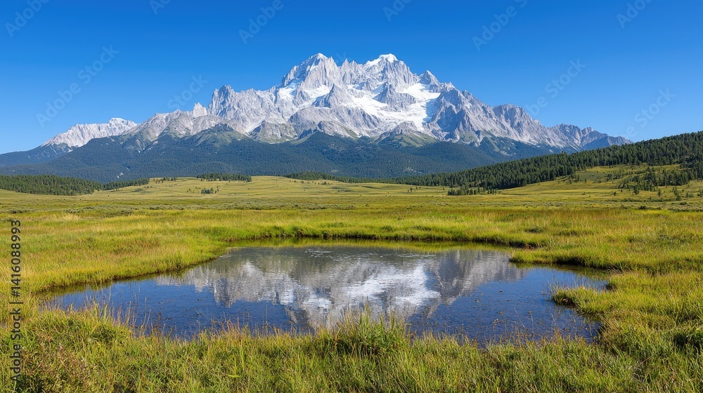 Fototapeta premium Majestic snowcapped mountain range and serene pond landscape photography