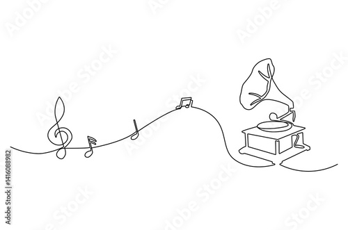 Continuous one line drawing of old retro analog gramophone with music note. Single line drawing illustration vinyl gramophone with note. Vintage music concept vector art. Doodle line illustration.