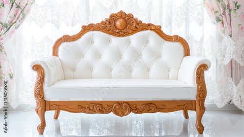 An elegant white leather loveseat with ornate wooden frame sits gracefully near sheer curtains in a bright room showcasing its luxurious detail and classic design.