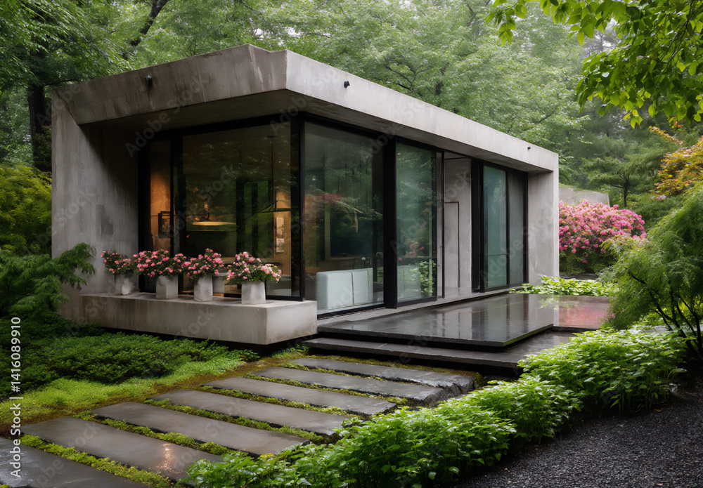 a modernist house with large glass windows overlooking an ancient japanese garden a modernist house with large glass windows overlooking an ancient japanese garden