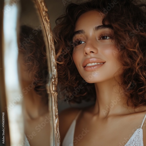 Woman holding a mirror and smiling at her reflection self