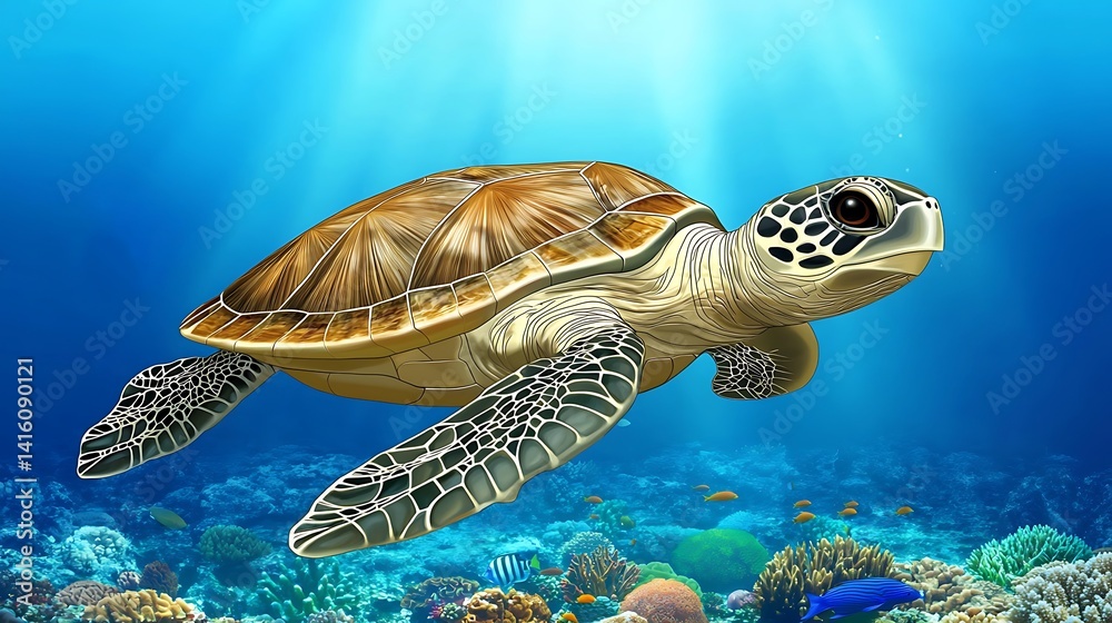 Obraz premium Sea Turtle Swimming in Clear Tropical Waters Under Sunlight