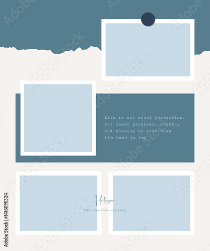 Creative pastel blue picture frame with torn paper edges decoration and quotes