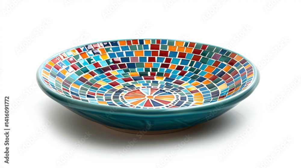 Obraz premium A vibrant ceramic bowl with a mosaic interior of colorful tiles arranged in concentric circles.
