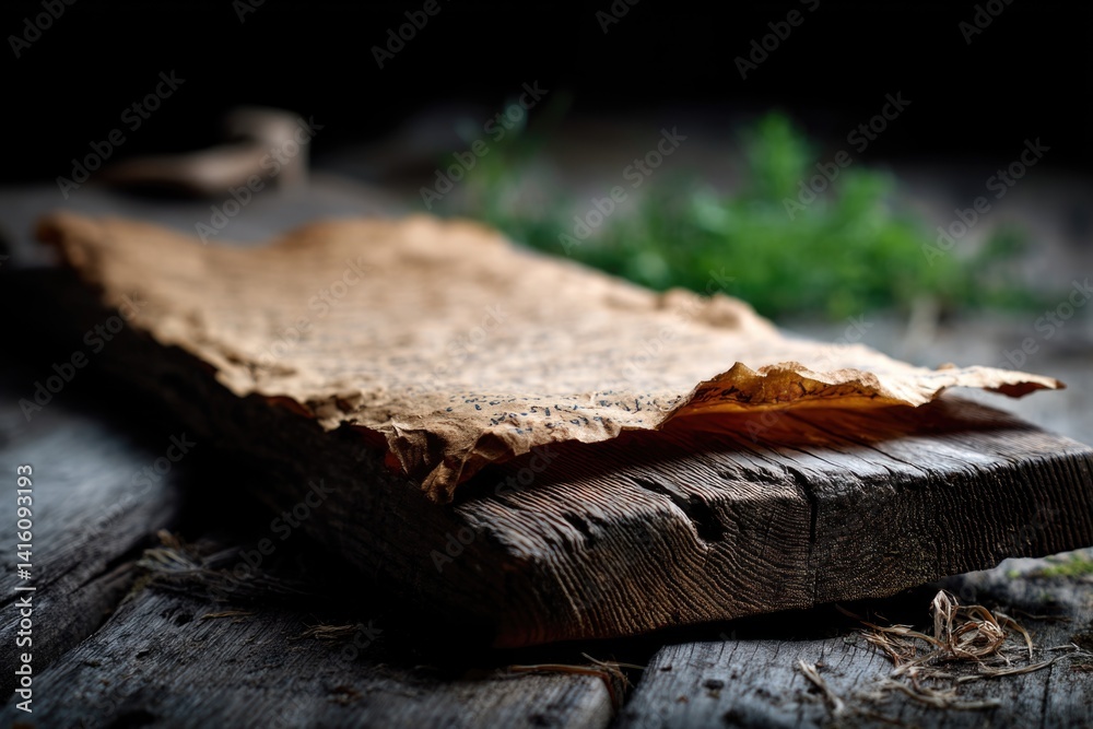 Ancient parchment resting on a rustic wooden board, evoking a sense of history. Ancient parchment resting on a rustic wooden board, evoking a sense of history.