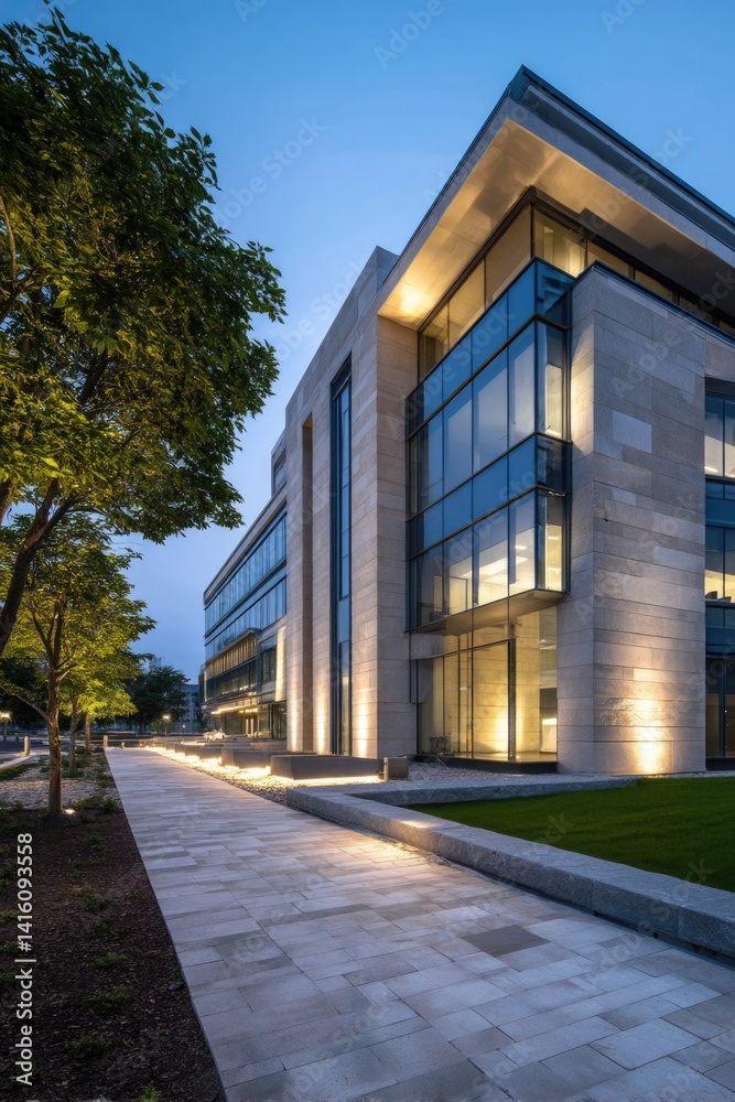 As twilight approaches, the office building's facade radiates a gentle light, fostering a peaceful ambiance. As twilight approaches, the office building's facade radiates a gentle light, fostering a peaceful ambiance.