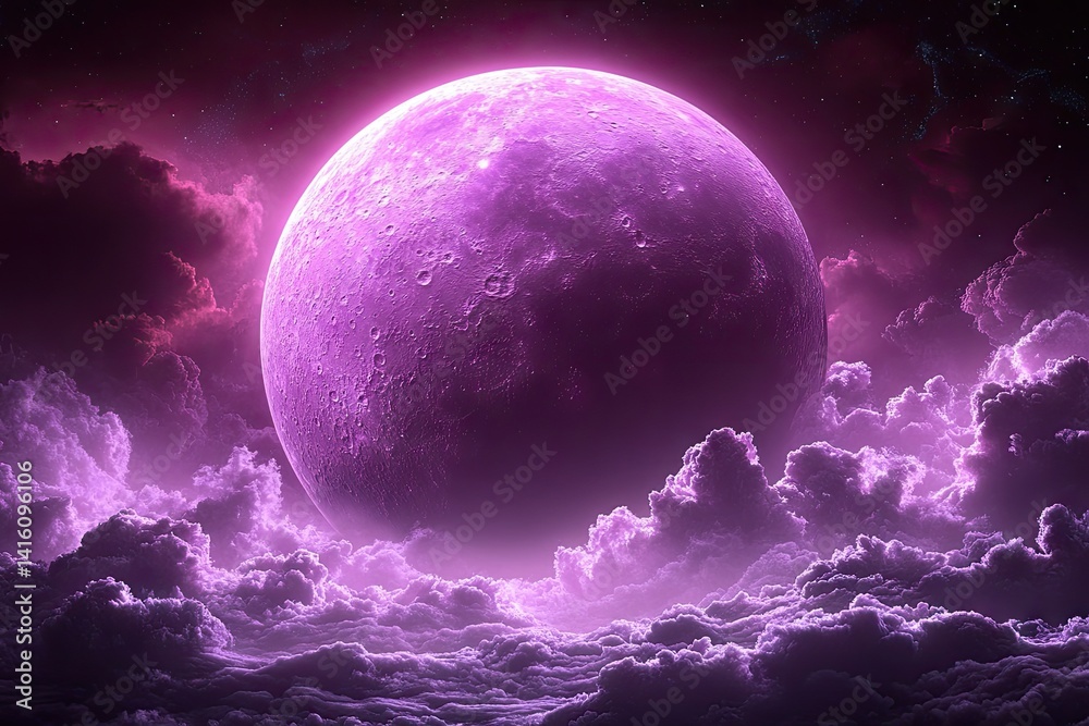 Obraz premium A purple celestial body rises above the clouds, casting a soft glow on the ethereal landscape