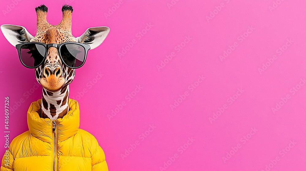 Fototapeta premium Stylish Giraffe Wearing Sunglasses and Yellow Jacket on Pink Background