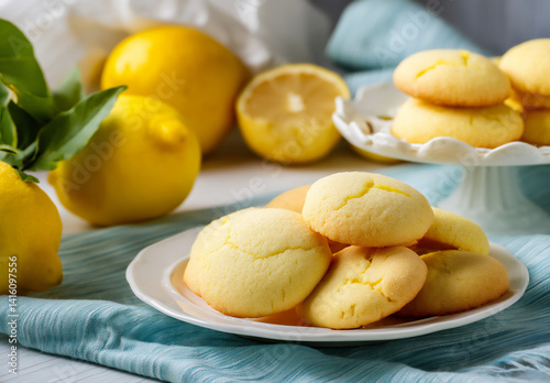 lemon cookies, lemon cookies with the aroma of fresh lemons, soft and delicious, on white plates