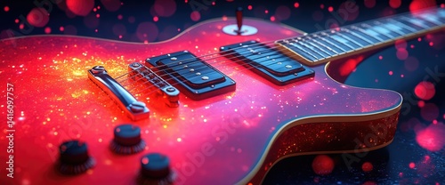 Close up of a red guitar body with pickups and strings, bokeh lights in the background