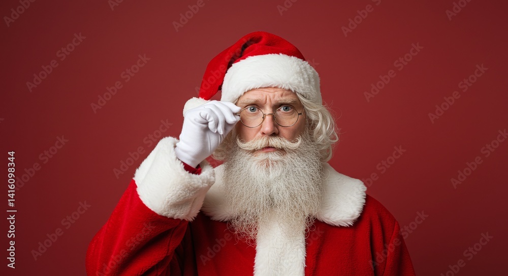 Santa Claus in Red Suit with White Beard Against Red Background Santa Claus in Red Suit with White Beard Against Red Background