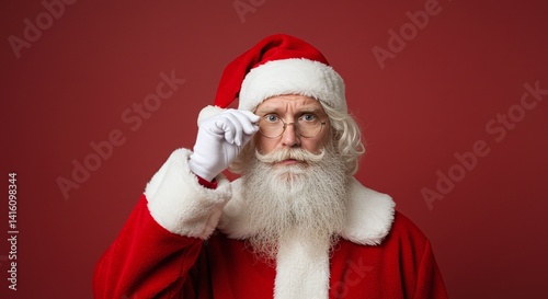 Santa Claus in Red Suit with White Beard Against Red Background