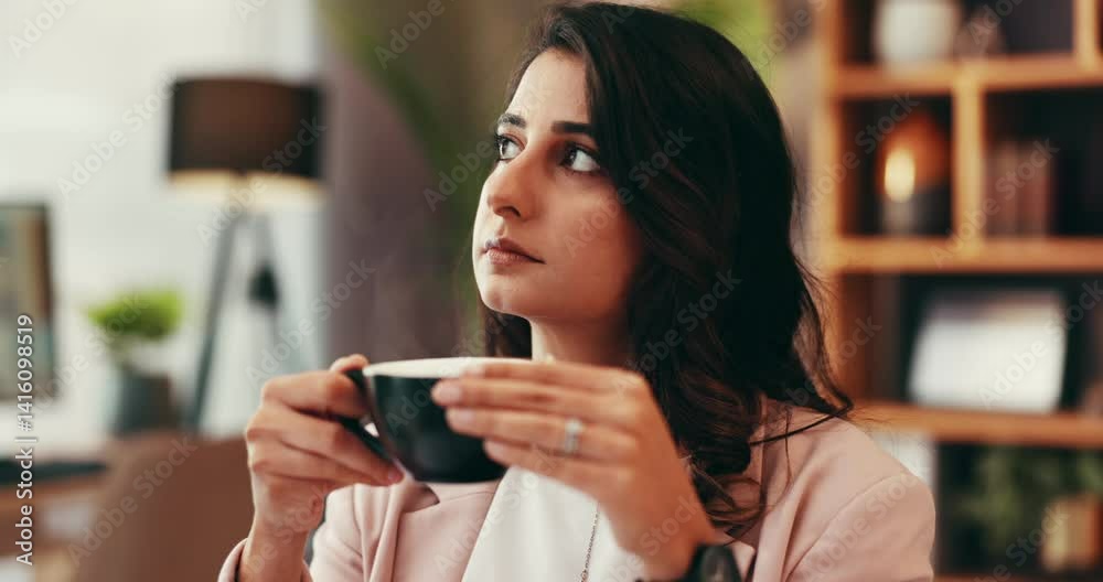 Thinking, coffee and businesswoman in office with ideas, planning or brainstorming for project. Decision, cappuccino and female magazine editor in morning with choice for publishing in workplace.