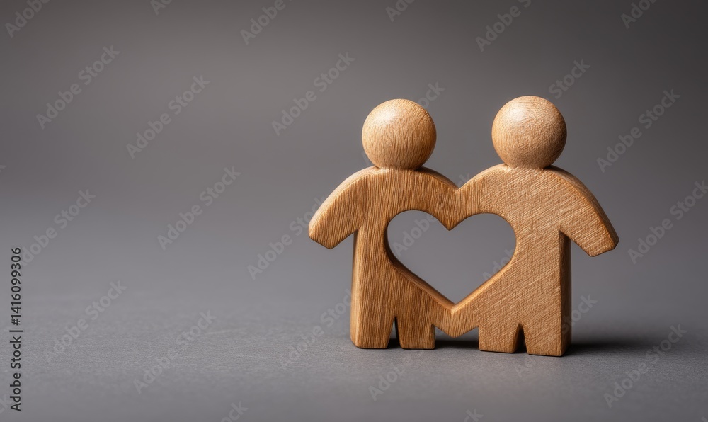 Wooden Couple Figure with Heart Cutout on Gray Background for Romantic Decor and Concept