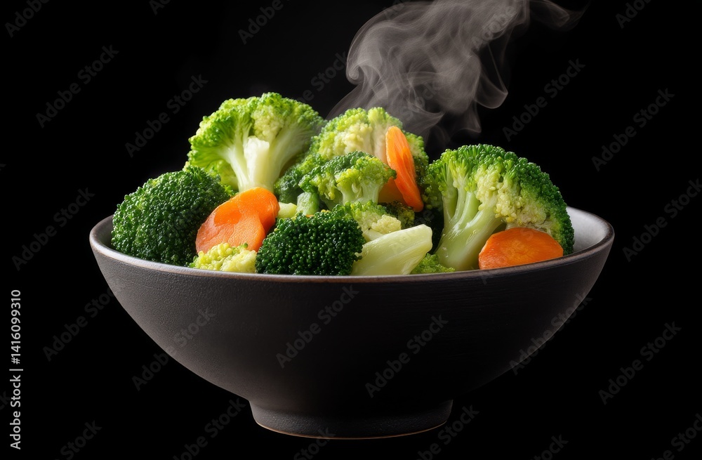 Steamed Vegetables in a Bowl with Broccoli and Carrots on a Black Background