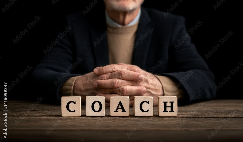 Business Coach Sitting at Table with Hands Folded, Emphasizing Professionalism and Focus