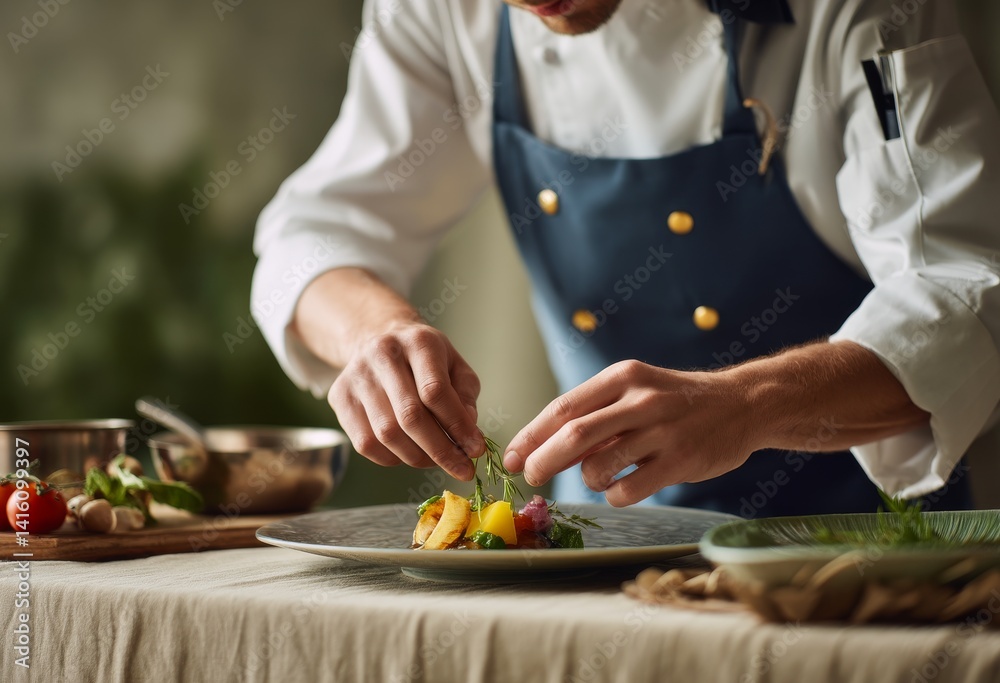 Chef in White Uniform Carefully Arranging Gourmet Dish on Elegant Plate in Bright Kitchen