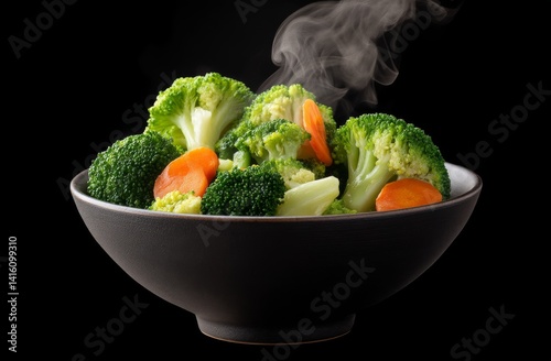 Obraz na płótnie Steamed Vegetables in a Bowl with Broccoli and Carrots on a Black Background w salonie