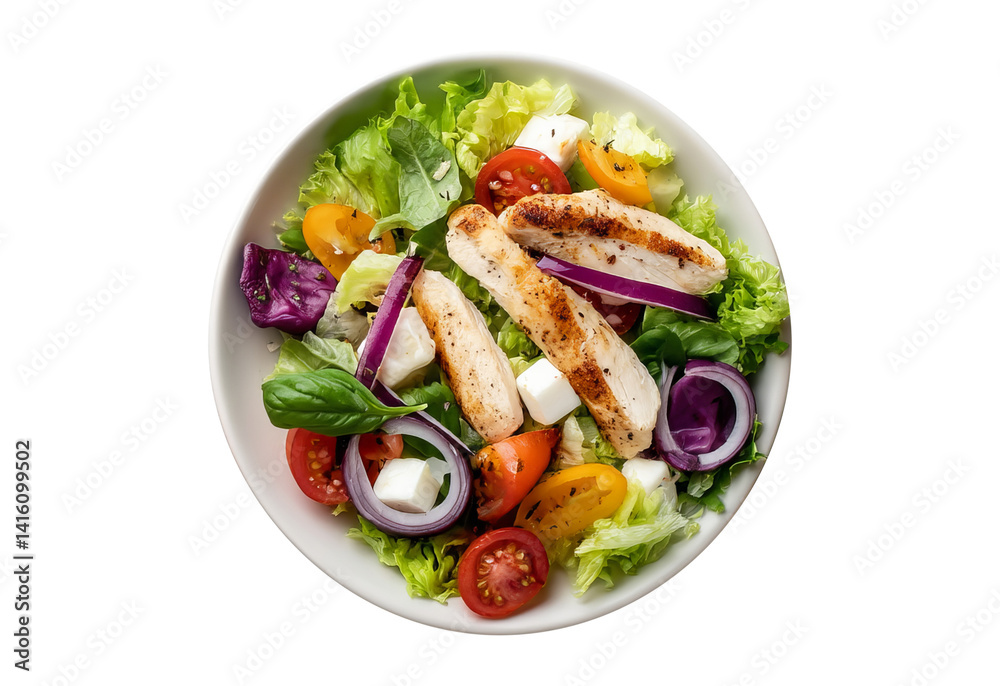 Fresh Handmade Salad with Grilled Chicken Breast, Vibrant Vegetables and Creamy Feta Cheese
