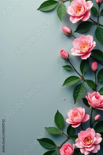 Gray background, pink flowers, lush green leaves Elegant floral wallpaper design , soft, wall