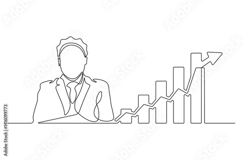 Continuous one line drawing of businessman standing at growing graph presentation. Single line drawing illustration growth chart. Business growth concept vector art. Doodle line illustration.
