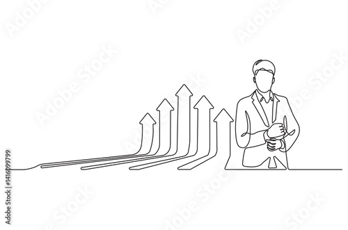 Continuous one line drawing of businessman standing at growing graph presentation. Single line drawing illustration growth chart. Business growth concept vector art. Doodle line illustration.