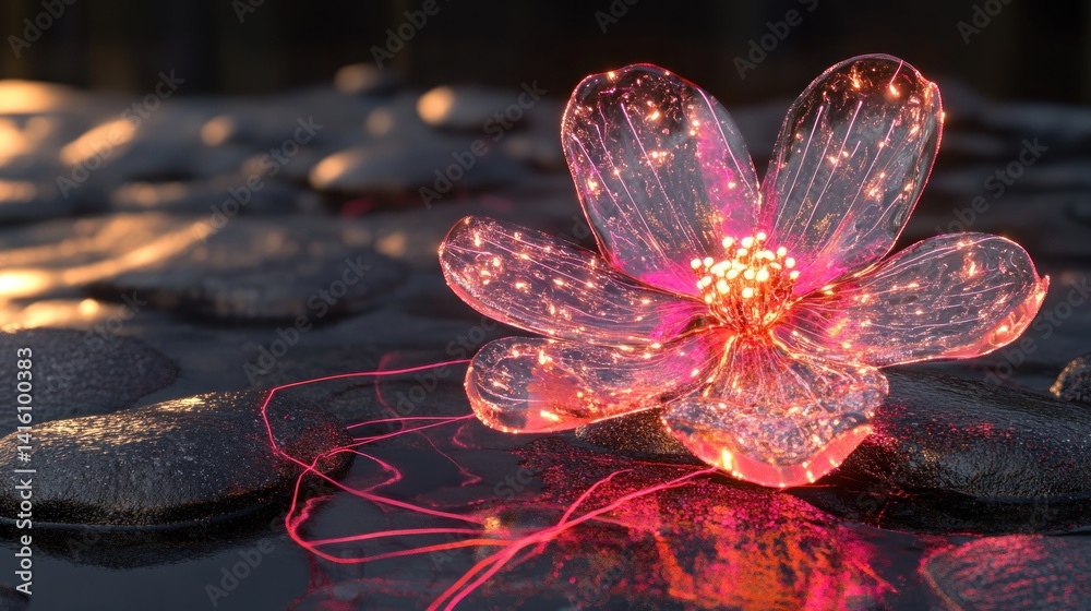 Fototapeta premium Glowing glass flower, dark rocks, sunset, digital art