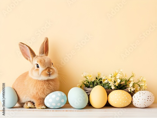 Easter Bunny with Decorated Eggs and Flowers