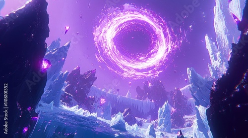 Fototapeta Naklejka Na Ścianę i Meble -  Purple cosmic portal, icy landscape, game background