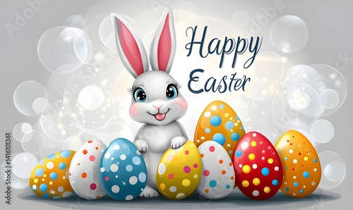 Happy Easter with Cute Bunny and Colorful Eggs