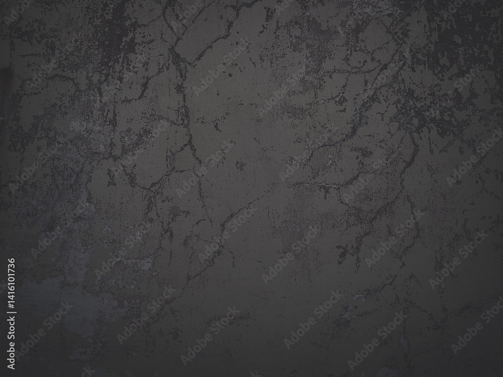 Faded dark background texture. Peeling paint on a concrete wall. Dark texture of old cracked flaking paint. Weathered rough painted surface with patterns of cracks. Shaded grunge background for design