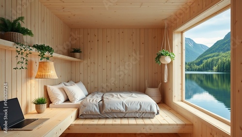 a modern, minimalist wooden cabin interior with a Scandinavian design style. The room features light pine wood paneling on the walls, ceiling, and floor, creating a warm and cozy atmosphere.