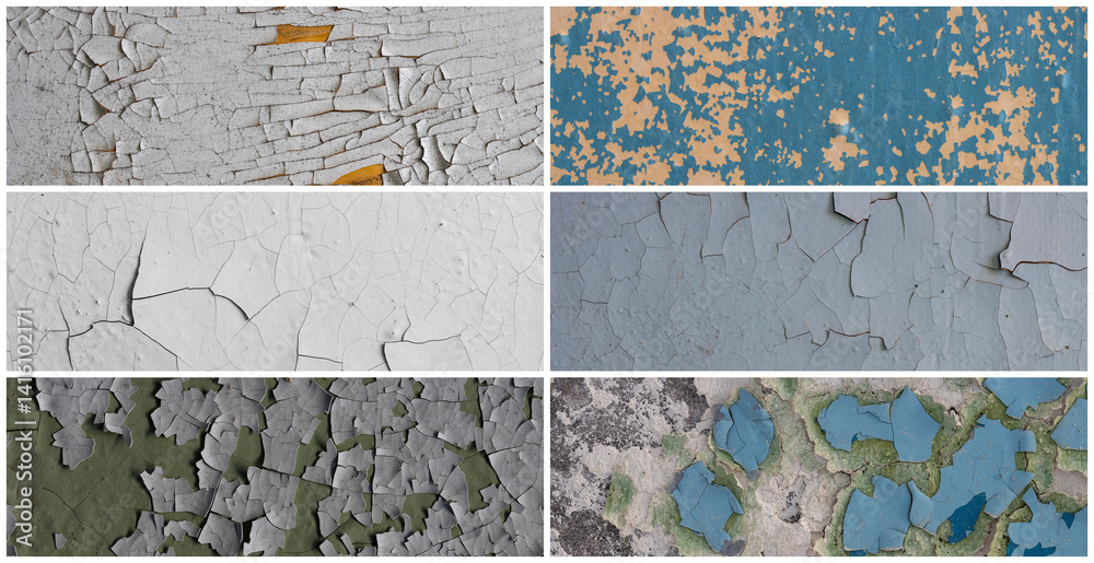 Set of peeling paint textures. Old concrete walls with cracked flaking paint. Weathered rough painted surfaces with patterns of cracks and peeling. Collection of panoramic backgrounds for design.