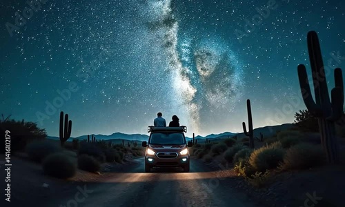 Couple on van rooftop, Milky Way, desert road, stargazing