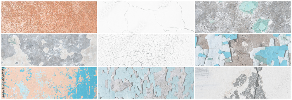 Set of panoramic background textures. Collection of wide textures with peeling paint, cracks, rust, stone and concrete walls. Faded rough surfaces of old walls. Bundle of light backgrounds for design.