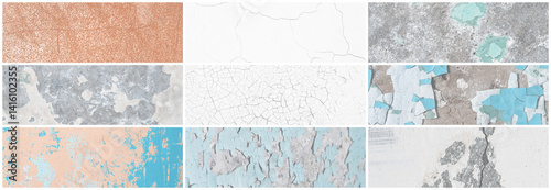 Obraz na płótnie Set of panoramic background textures. Collection of wide textures with peeling paint, cracks, rust, stone and concrete walls. Faded rough surfaces of old walls. Bundle of light backgrounds for design. w salonie