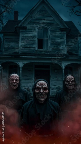 Mysterious figures before haunted house at night