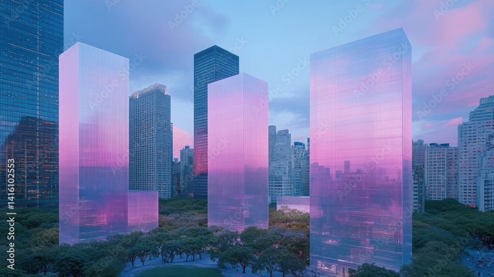 Fototapeta premium Cityscape reflection, pink sunset, park, urban development