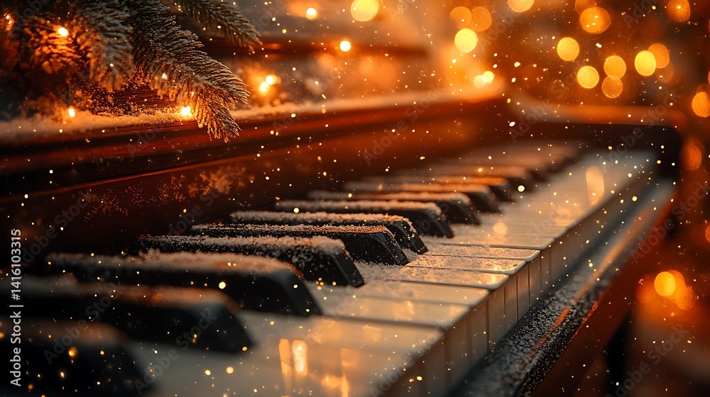 Photo Of Snowy Piano Keys With Christmas Lights And Festive Holiday Atmosphere Photo Of Snowy Piano Keys With Christmas Lights And Festive Holiday Atmosphere