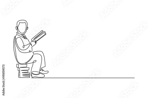 Continuous one line drawing of boy reading a book. Single line drawing illustration boy studying. World children book day concept vector art. Doodle line illustration.