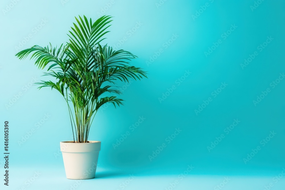 Obraz premium Vibrant tropical plant in a light pot against a vibrant backdrop.