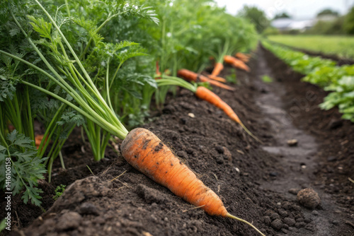 A carrot lies on the ground next to other carrots in the field
