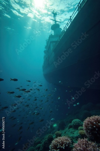 A school of fish swim beneath the surface of a ship's hull, marine life, ship, boatswain