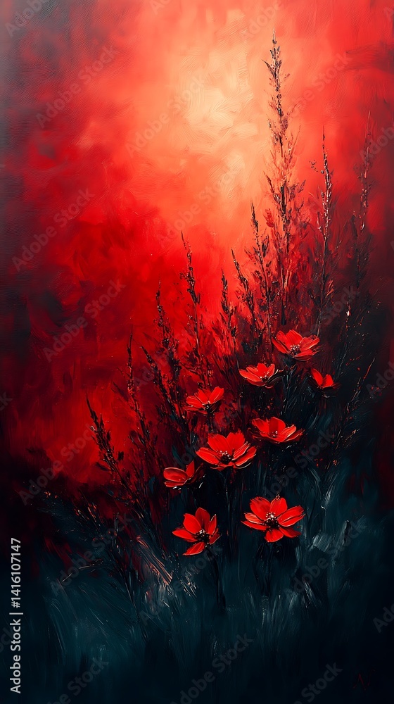 Fototapeta premium Red Poppies And Grass Blades Against Abstract Red Background Texture Photo