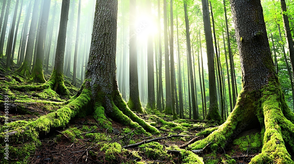 Fototapeta premium Lush Green Forest with Sunlight Filtering through Tall Trees